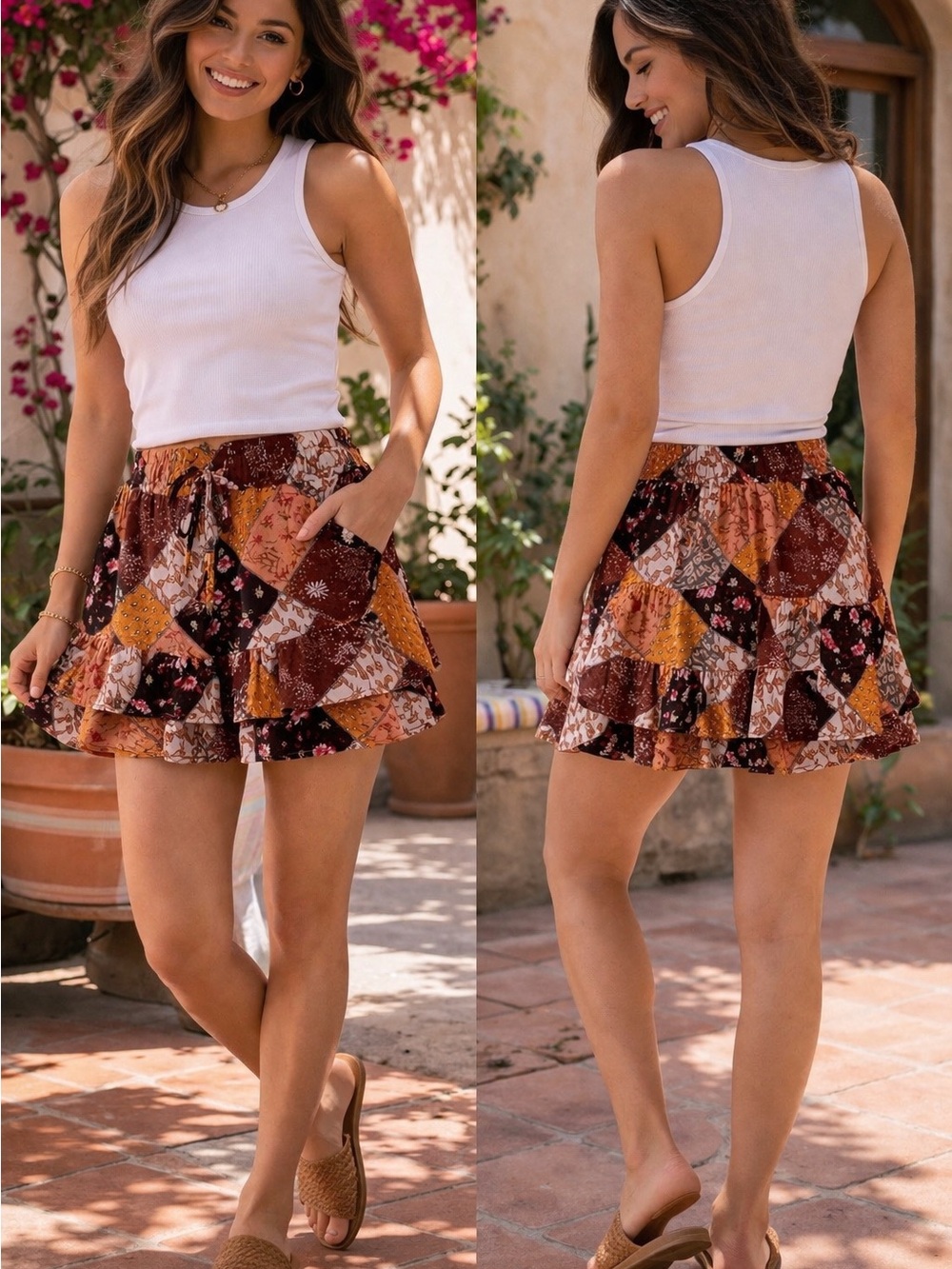 Patchwork Floral Ruffle Mini Skirt - Rust Multi